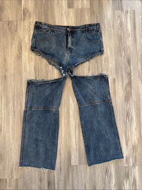 Telfar Dark Blue Distressed Cut-Out Wide Leg Jeans chaps style